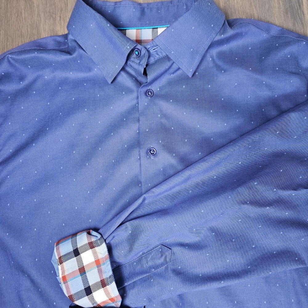 Egara Mens XL Dress Shirt Slim Fit Stretch Non Iron Swiss Dot Blue Cotton